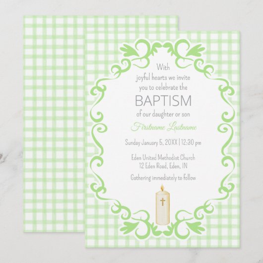017 Moss Green Scroll Gingham Cross Candle Baptism 招待状 (正面/裏面)