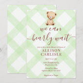 017 Moss Green Teddy Bear Gingham Baby Shower 招待状 (正面/裏面)