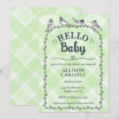 017 Moss Green Watercolor Gingham Bird Baby Shower 招待状 (正面/裏面)