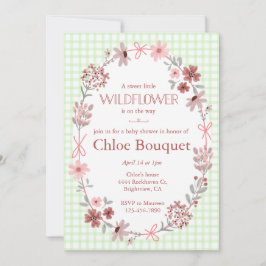 017 Moss Green Wildflower Bow Gingham Baby Shower 招待状