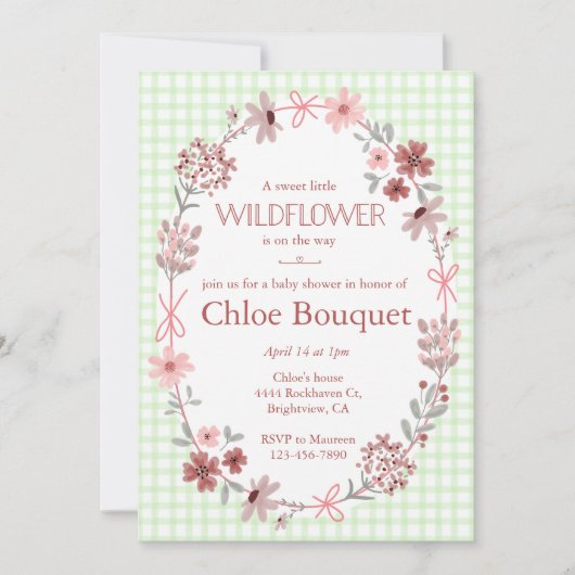 017 Moss Green Wildflower Bow Gingham Baby Shower 招待状 (正面)