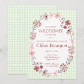 017 Moss Green Wildflower Bow Gingham Baby Shower 招待状 (正面/裏面)