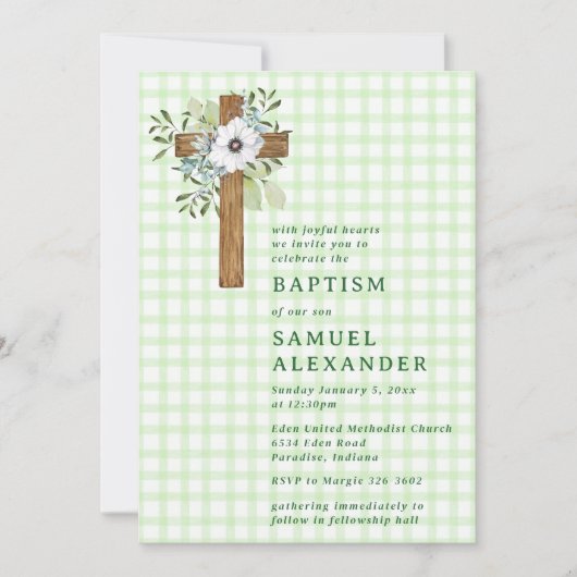 017 Moss Rustic Greenery Wooden Cross Baptism 招待状 (正面)