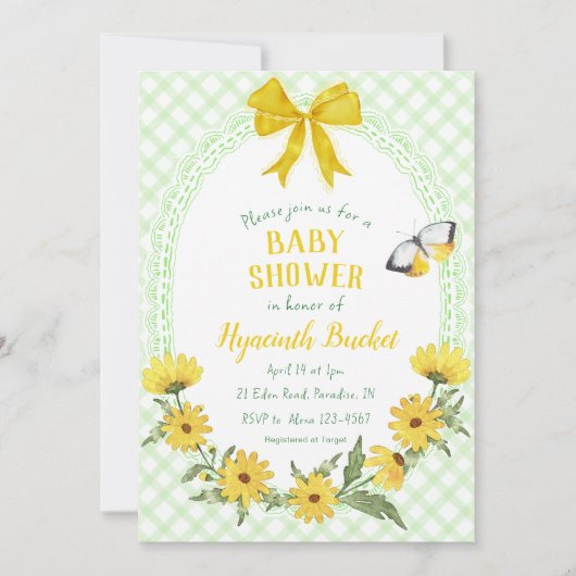 017 Moss Yellow Daisy Bow Gingham Baby Shower 招待状 (正面)