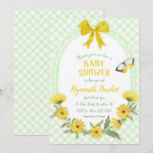 017 Moss Yellow Daisy Bow Gingham Baby Shower 招待状 (正面/裏面)