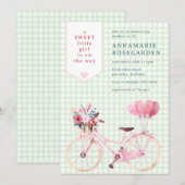 018 草緑の甘い花の少女自転車ベビーシャワー 招待状 (正面/裏面)