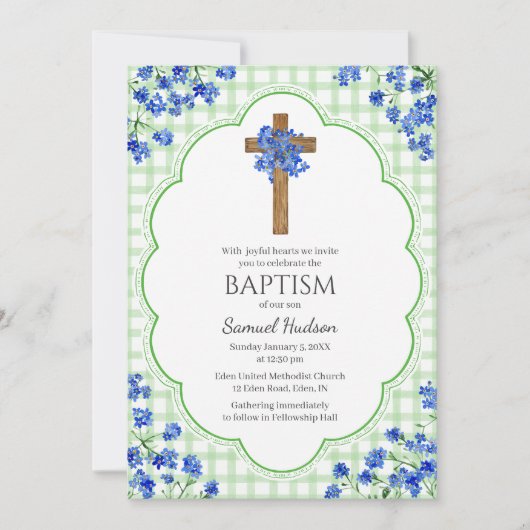 018 Grass Blossom Rustic Cross Design Baptism 招待状 (正面)