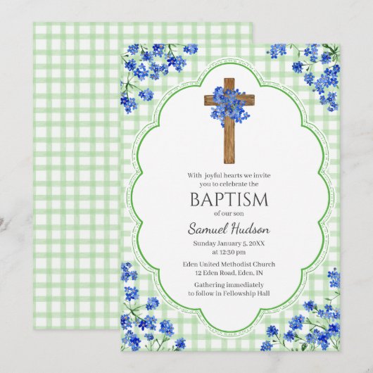 018 Grass Blossom Rustic Cross Design Baptism 招待状 (正面/裏面)