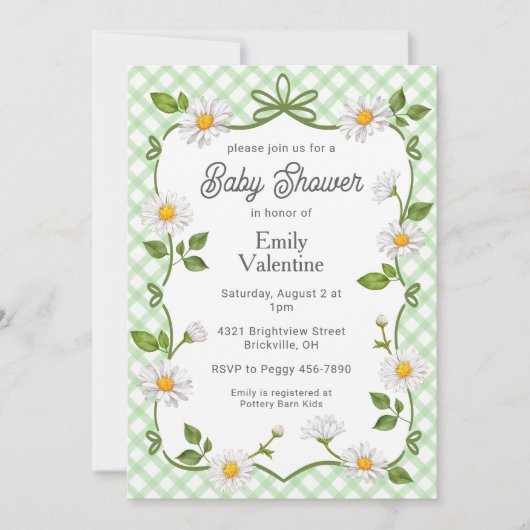 018 Grass Green Floral Daisy Plaid Baby Shower 招待状 (正面)
