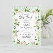 018 Grass Green Floral Daisy Plaid Baby Shower 招待状 (スタンド正面)