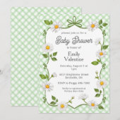 018 Grass Green Floral Daisy Plaid Baby Shower 招待状 (正面/裏面)
