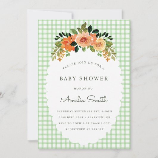 018 Grass Green Gingham Baby Shower Invitations 招待状 (正面)