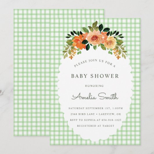 018 Grass Green Gingham Baby Shower Invitations 招待状 (正面/裏面)