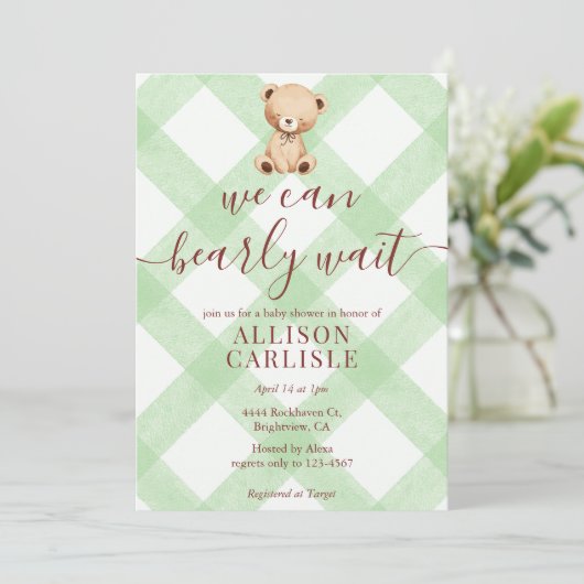 018 Grass Green Teddy Bear Gingham Baby Shower 招待状 (スタンド正面)
