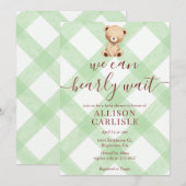 018 Grass Green Teddy Bear Gingham Baby Shower 招待状 (正面/裏面)