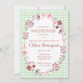 018 Grass Green Wildflower Bow Gingham Baby Shower 招待状 (正面)