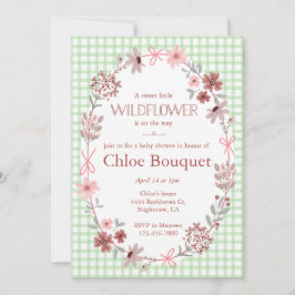018 Grass Green Wildflower Bow Gingham Baby Shower 招待状
