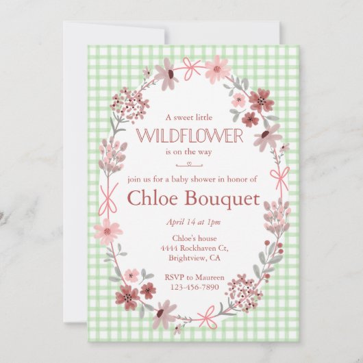 018 Grass Green Wildflower Bow Gingham Baby Shower 招待状 (正面)