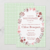 018 Grass Green Wildflower Bow Gingham Baby Shower 招待状 (正面/裏面)