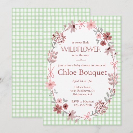 018 Grass Green Wildflower Bow Gingham Baby Shower 招待状 (正面/裏面)