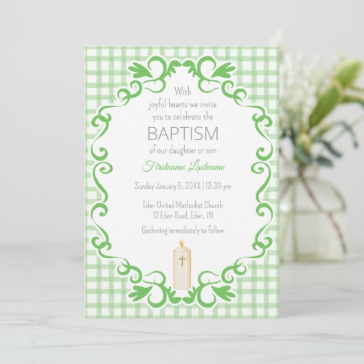 018 Grass Scroll Gingham Cross Candle Baptism 招待状 (スタンド正面)
