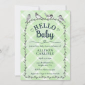 018 Grass Watercolor Gingham Birds Baby Shower 招待状 (正面)