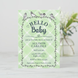 018 Grass Watercolor Gingham Birds Baby Shower 招待状