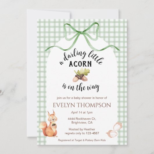 019 森のキュートなリスとどんぐりのギンガム ベビーシャワー 招待状 (正面)