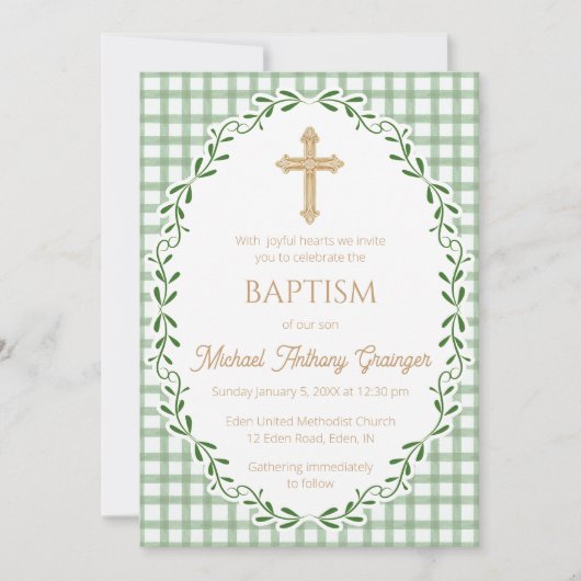019 Forest Botanical Vine Ornate Cross Baptism 招待状 (正面)
