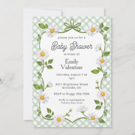 019 Forest Green Floral Daisy Plaid Baby Shower 招待状
