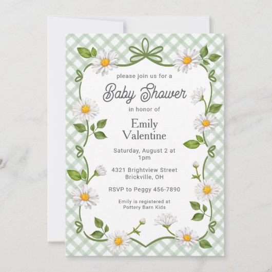 019 Forest Green Floral Daisy Plaid Baby Shower 招待状 (正面)