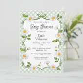 019 Forest Green Floral Daisy Plaid Baby Shower 招待状 (スタンド正面)