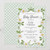 019 Forest Green Floral Daisy Plaid Baby Shower 招待状 (正面/裏面)