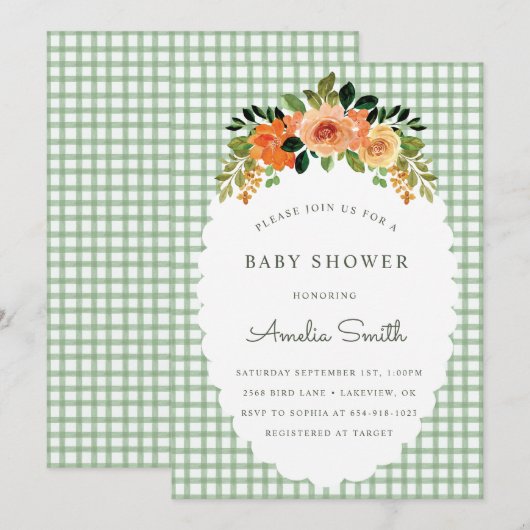 019 Forest Green Gingham Baby Shower Invitations 招待状 (正面/裏面)