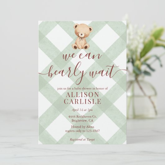 019 Forest Green Teddy Bear Gingham Baby Shower 招待状 (スタンド正面)