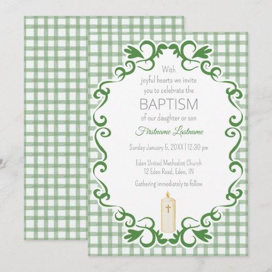 019 Forest Scroll Gingham Cross Candle Baptism 招待状 (正面/裏面)