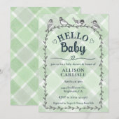 019 Forest Watercolor Gingham Birds Baby Shower 招待状 (正面/裏面)