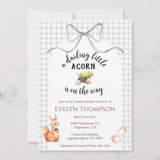 020 Fog Cute Squirrel Acorn Gingham Baby Shower 招待状