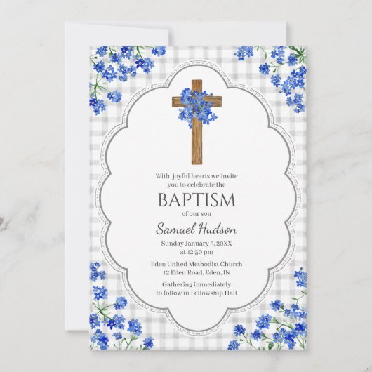 020 Fog Gray Blossom Rustic Cross Design Baptism 招待状 (正面)