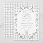 020 Fog Gray Scroll Gingham Cross Candle Baptism 招待状 (正面/裏面)