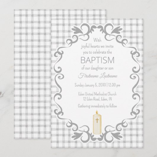 020 Fog Gray Scroll Gingham Cross Candle Baptism 招待状 (正面/裏面)