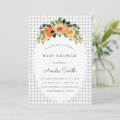 020 Fog Grey Floral Gingham Baby Shower Invitation 招待状 (スタンド正面)