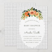 020 Fog Grey Floral Gingham Baby Shower Invitation 招待状 (正面/裏面)