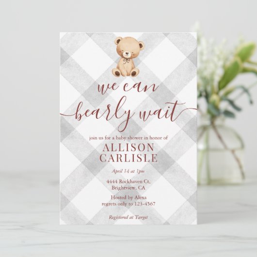 020 Fog Grey Teddy Bear Gingham Baby Shower 招待状 (スタンド正面)
