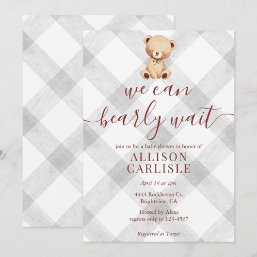 020 Fog Grey Teddy Bear Gingham Baby Shower 招待状 (正面/裏面)