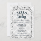 020 Fog Grey Watercolor Gingham Birds Baby Shower 招待状 (正面)