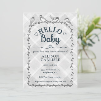 020 Fog Grey Watercolor Gingham Birds Baby Shower 招待状