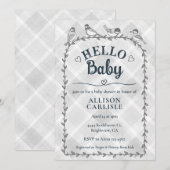 020 Fog Grey Watercolor Gingham Birds Baby Shower 招待状 (正面/裏面)