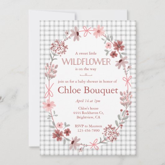 020 Fog Grey Wildflower Bow Gingham Baby Shower 招待状 (正面)