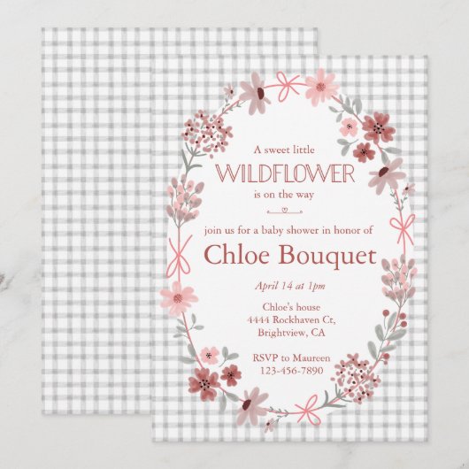 020 Fog Grey Wildflower Bow Gingham Baby Shower 招待状 (正面/裏面)